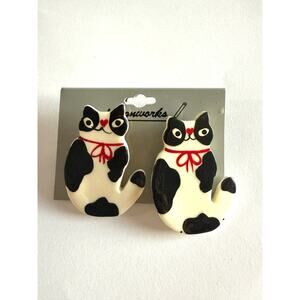 Vintage Designworks Cat Earrings Black White Red Bow Novelty kitschy kawaii